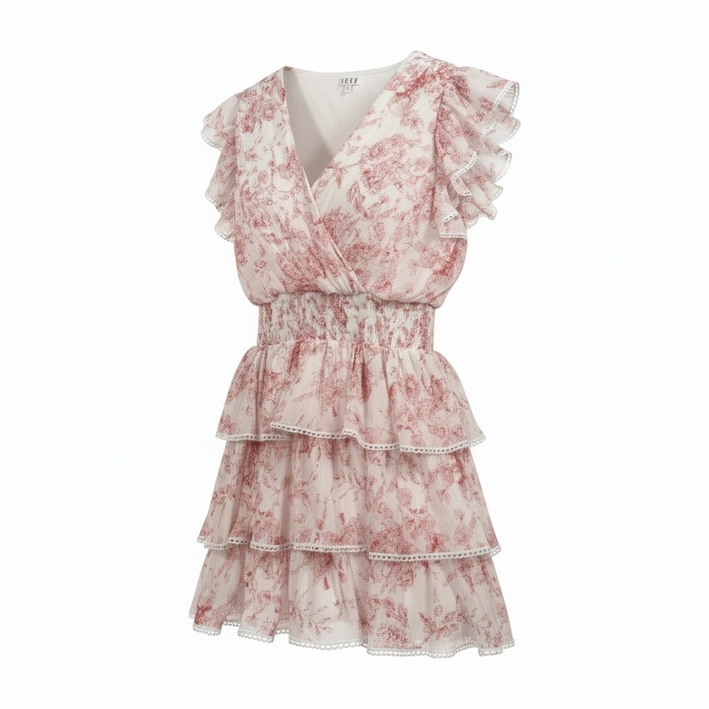 TCEC Floral Ruffle Tiered Smocked Waist‎ Mini Dress Red White Large Corquette